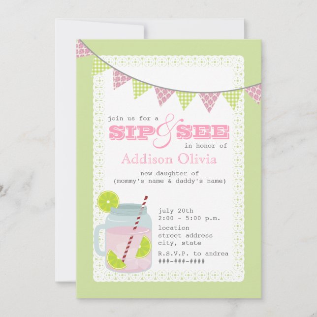 Pink and Green Lemonade & Lime Sip + See Invitation (Front)