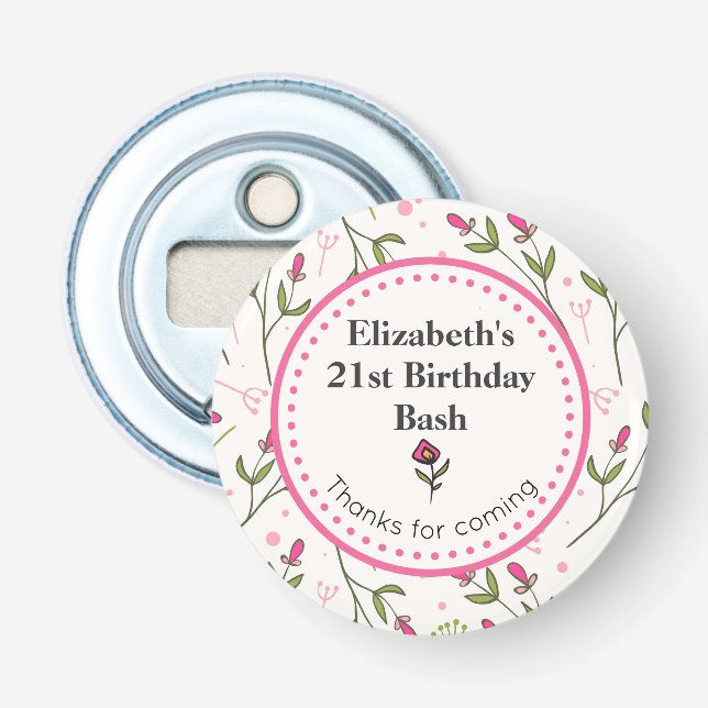 Pink and Green Long Stem Wildflowers Birthday Bottle Opener (Front)