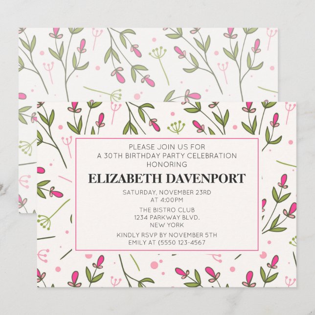 Pink and Green Long Stem Wildflowers Birthday Invitation (Front/Back)