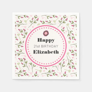 Pink and Green Long Stem Wildflowers Birthday Napkin