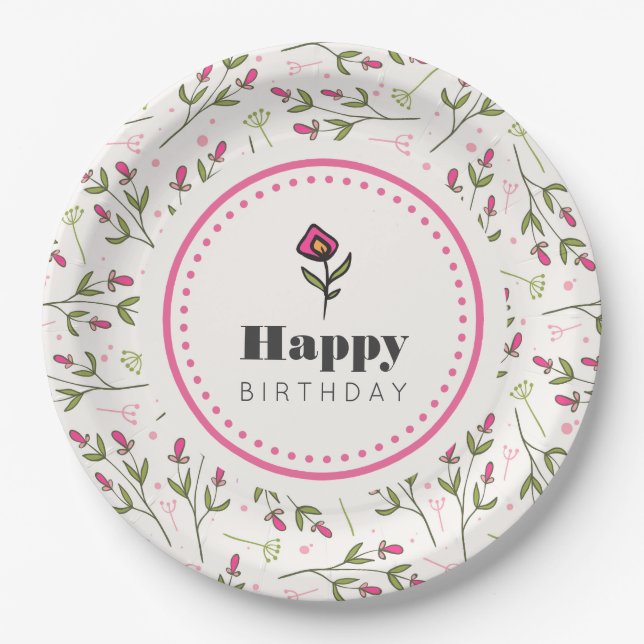 Pink and Green Long Stem Wildflowers Birthday Paper Plate (Front)