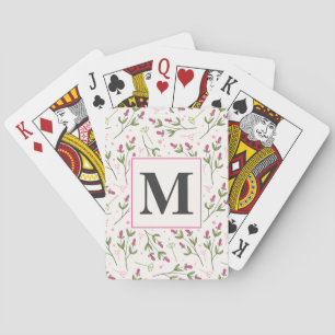 Pink and Green Long Stem Wildflowers Monogram Playing Cards