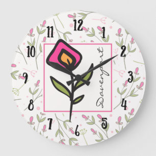Pink and Green Long Stem Wildflowers Personalized Large Clock