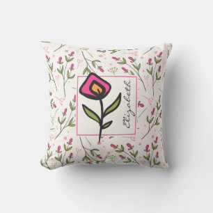 Pink and Green Long Stem Wildflowers Personalized Throw Pillow