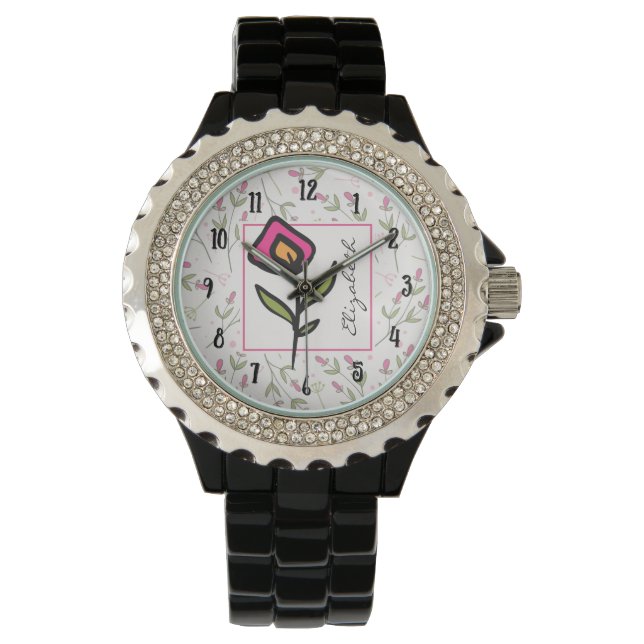 Pink and Green Long Stem Wildflowers Personalized Watch (Front)