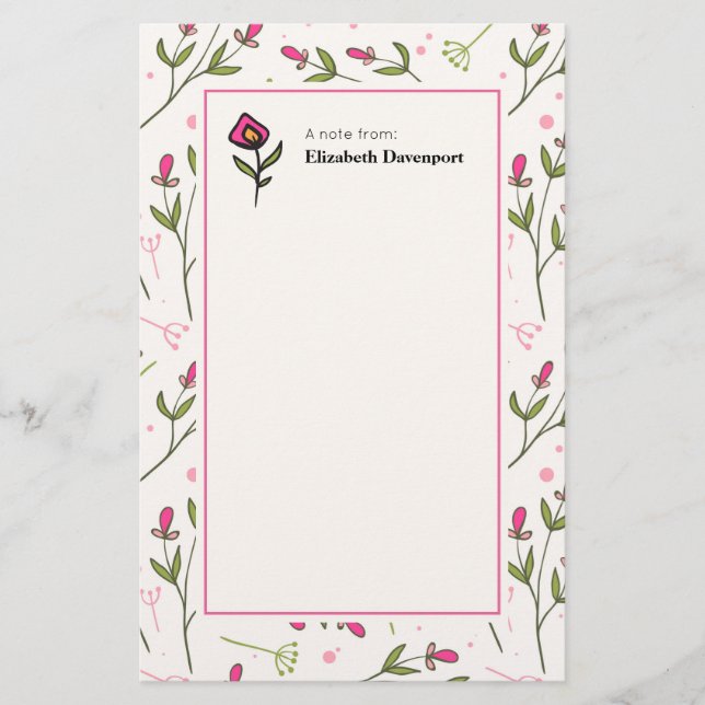 Pink and Green Long Stem Wildflowers Stationery (Front)