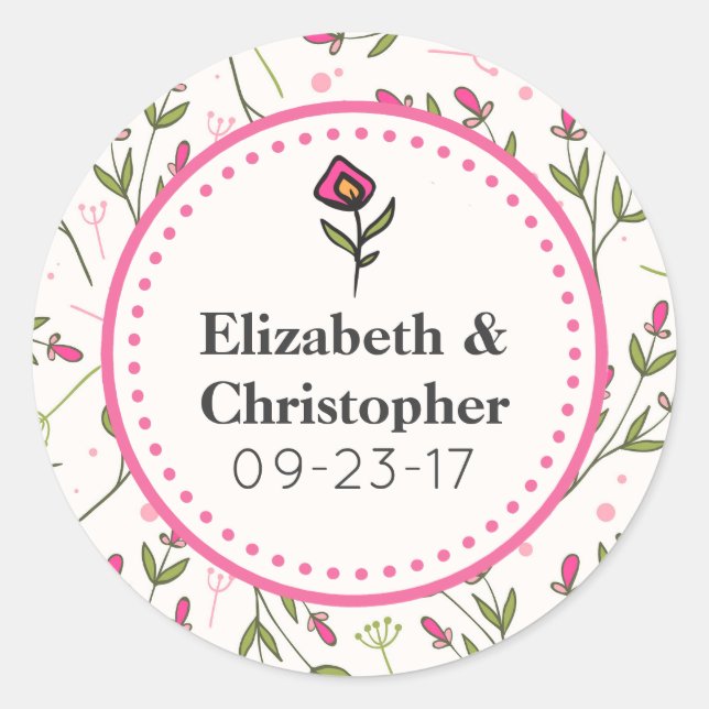 Pink and Green Long Stem Wildflowers Wedding Classic Round Sticker (Front)