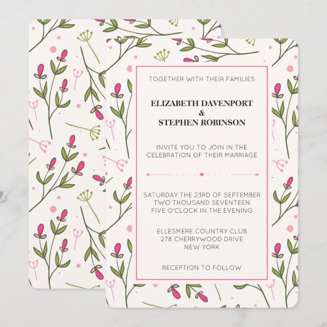 Pink and Green Long Stem Wildflowers Wedding Invitation (Front/Back)