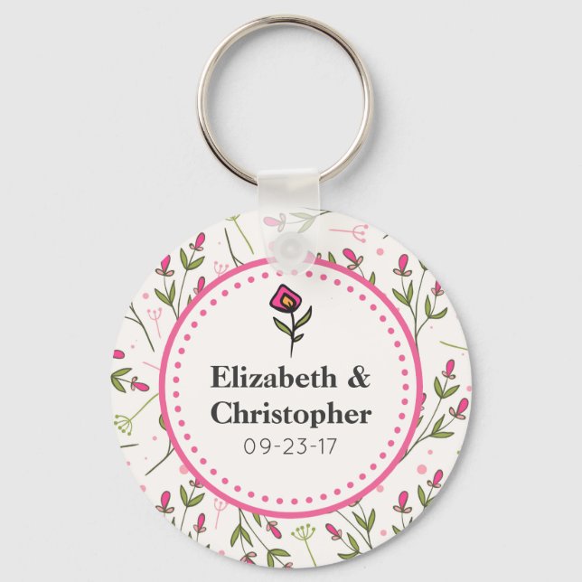 Pink and Green Long Stem Wildflowers Wedding Keychain (Front)