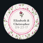 Pink and Green Long Stem Wildflowers Wedding Magnet<br><div class="desc">A wedding favour commemorative magnet. Your names and wedding date written inside an eggshell white coloured frame with a pink dotted border. The backdrop is a pattern of hand drawn pink wildflowers with long green stems and leaves on an eggshell white coloured backdrop. Pink circles and sprigs also decorate the...</div>