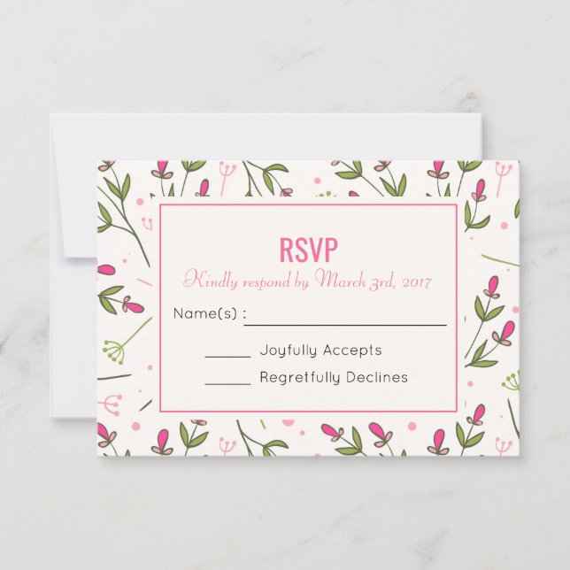 Pink and Green Long Stem Wildflowers Wedding RSVP (Front)