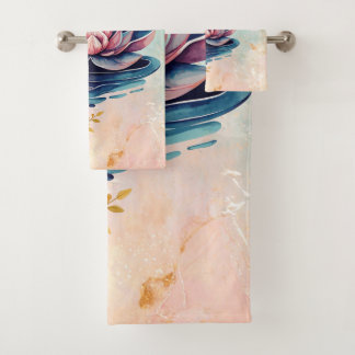 Pink and Green Lotus Floral Art Bath Towel Set