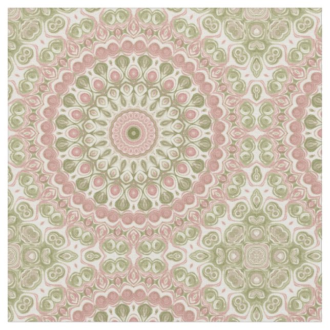 Pink and Green Mandala Pattern Design Fabric (Close Up)