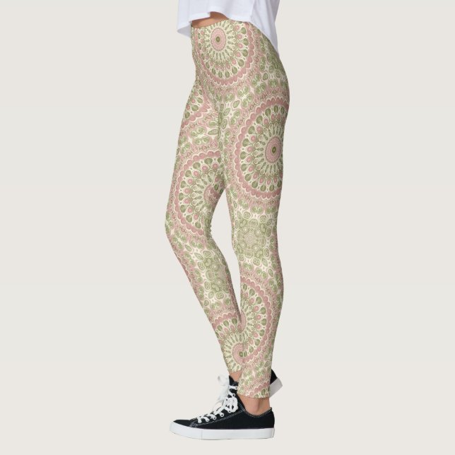 Pink and Green Mandala Pattern Design Leggings (Left)