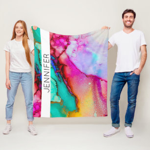 Pink and Green Marble Abstract Watercolor Fleece Blanket