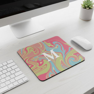 Pink and Green Marble Monogram Mouse Pad