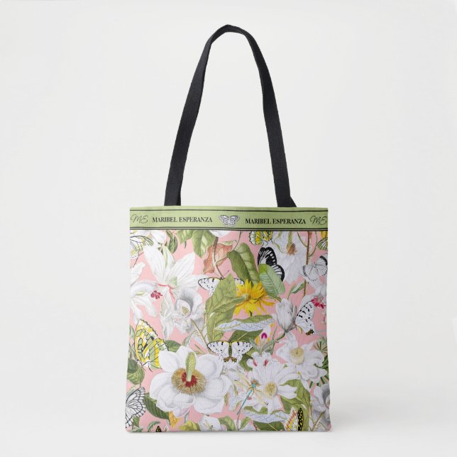 Pink and Green Mariposa Personalized Tote Bag (Front)