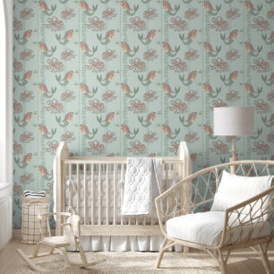 Pink and Green Mermaid Pattern Removable Wallpaper