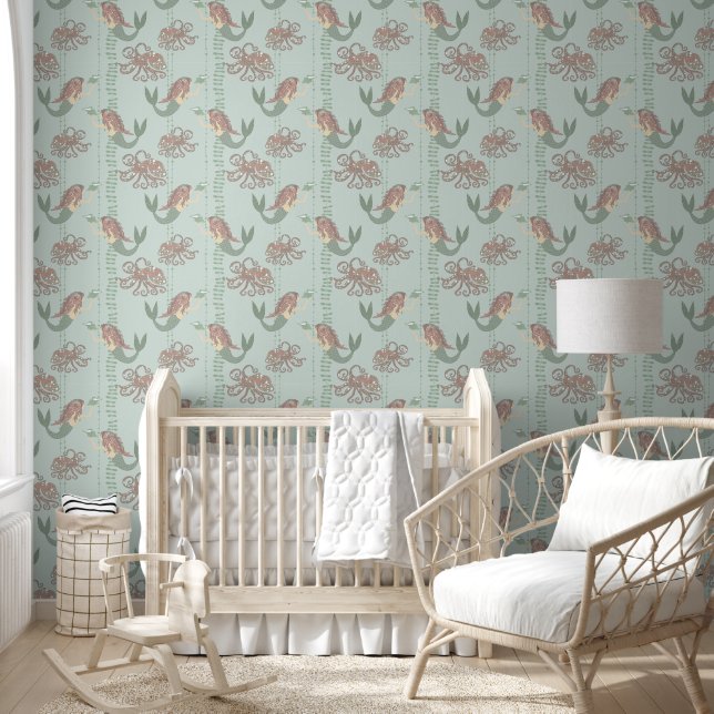Pink and Green Mermaid Pattern Removable Wallpaper (Kids)