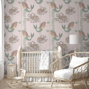Pink and Green Mermaid Pattern Removable Wallpaper