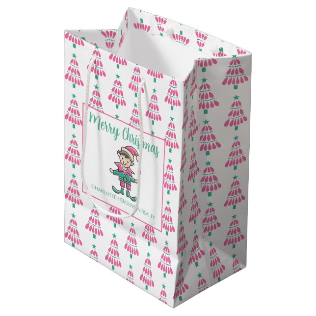 Pink and Green Merry Christmas Tree Medium Gift Bag (Front Angled)