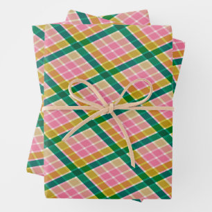 Pink and Green Modern Plaid Christmas Pattern Wrapping Paper Sheet