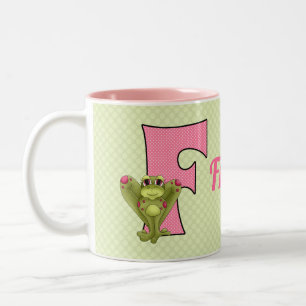 Pink and Green Monogram Letter F and Name Kids Two-Tone Coffee Mug