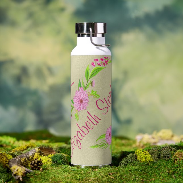 Pink and Green Nostalgic Floral Water Bottle (Outdoor)