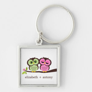 Pink and Green Owl Couple Keychain