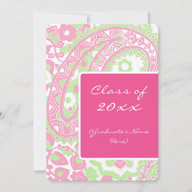 Pink and Green Paisley Graduation Party Invitation (Front)