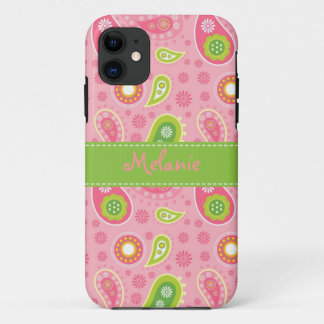 Pink and Green Paisley iPhone Monogram Custom iPhone 11 Case