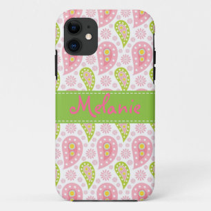 Pink and Green Paisley iPhone Monogram Custom iPhone 11 Case