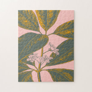 Pink and Green Palm Frond Botanical Drawing Jigsaw Puzzle
