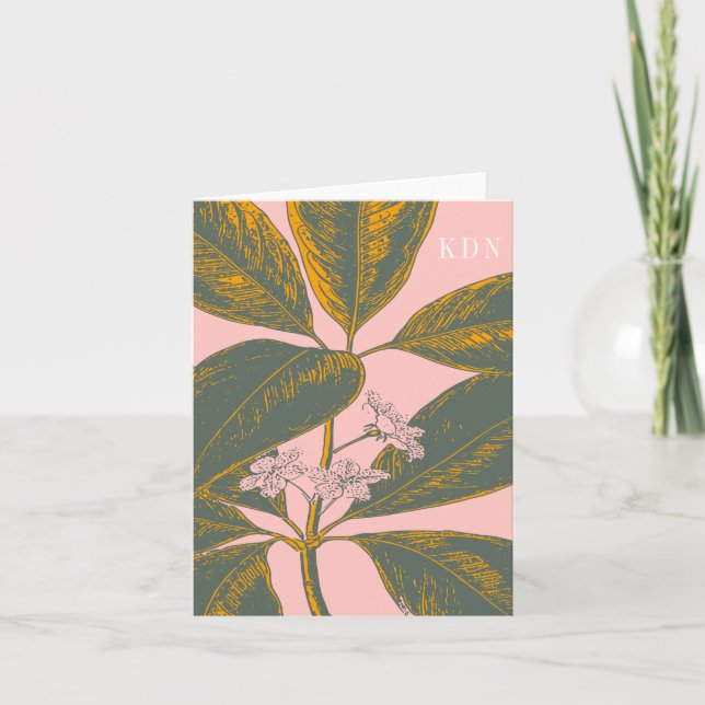 Pink and Green Palm Frond Botanical Drawing Note Card (Front)