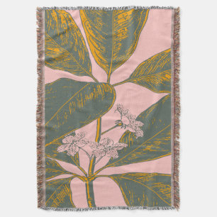 Pink and Green Palm Frond Botanical Drawing Throw Blanket