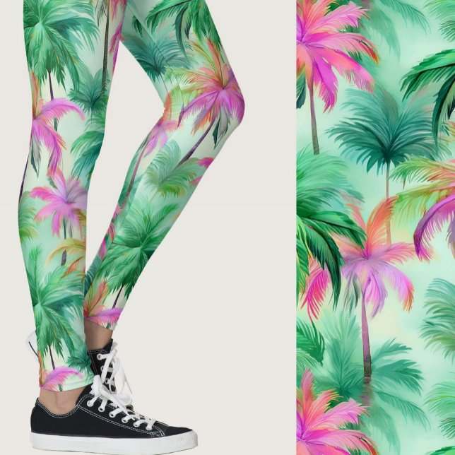Pink and Green Palm Trees Tropical Patterned Leggings (Creator Uploaded)