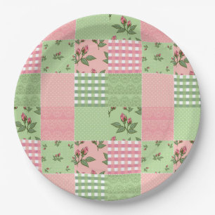 Pink and Green Patchwork Quilt Pattern Paper Plate