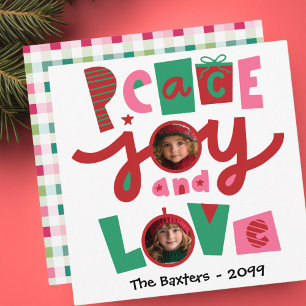 Pink and Green Peace & Love Holiday Greeting Card