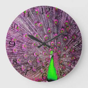 Pink And Green Peacock,  Large Clock