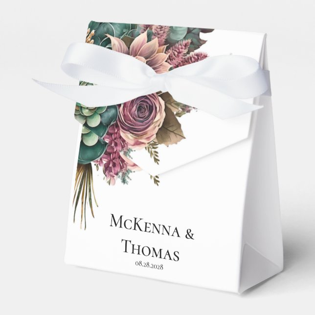 Pink and Green Peony Succulent Wedding Favor Box (Front Side)