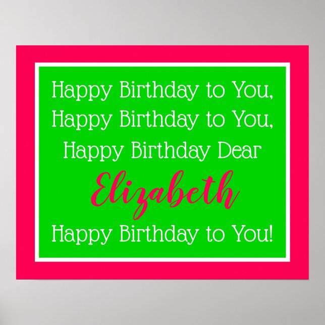 Pink and Green Personalized Happy Birthday Song Poster (Front)