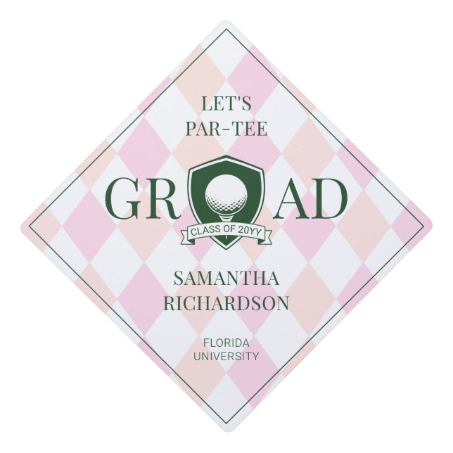 Pink and Green Personalized Modern Golf Graduation Cap Topper (Front)
