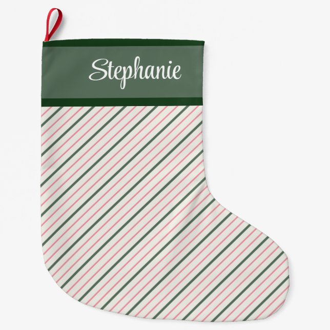 Pink and Green Pinstripe with Name Large Christmas Stocking (Front)