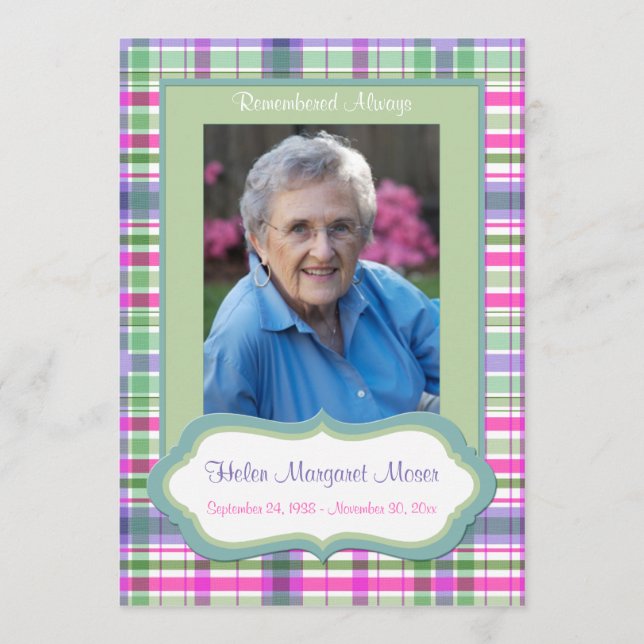 Pink and Green Plaid Memorial Card with Photo (Front)