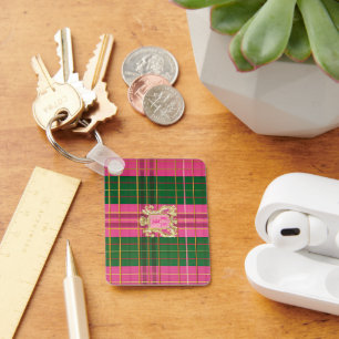Pink and Green Plaid Monogrammed Keychain
