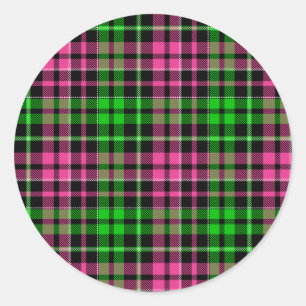 Pink and Green Plaid Tartan Black  Classic Round Sticker