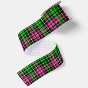 Pink and Green Plaid Tartan Black Satin Ribbon