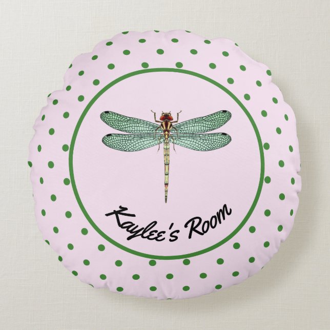 Pink and Green Polka Dot and Dragonfly Monogram Round Pillow (Front)