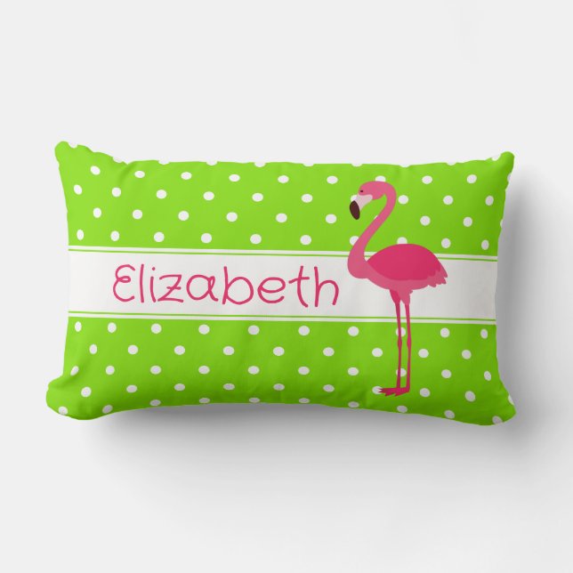 Pink and Green Polka Dot Flamingo Personalized Lumbar Pillow (Front)