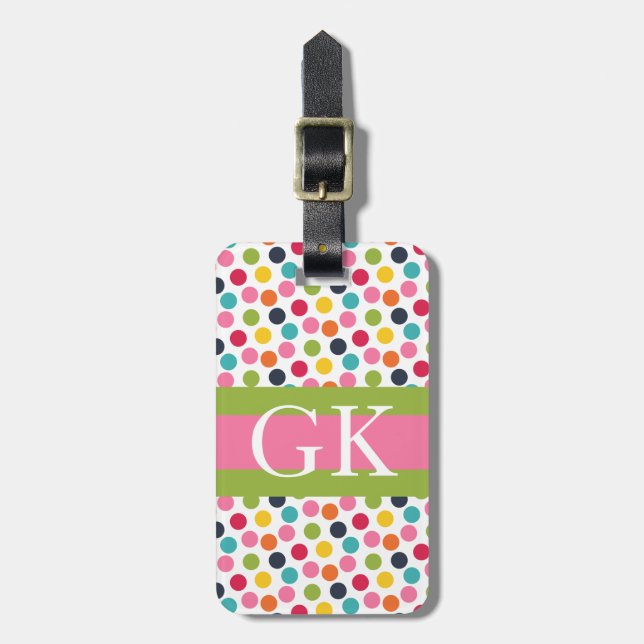 Pink and Green Polka Dot Monogram Luggage Tag (Front Vertical)